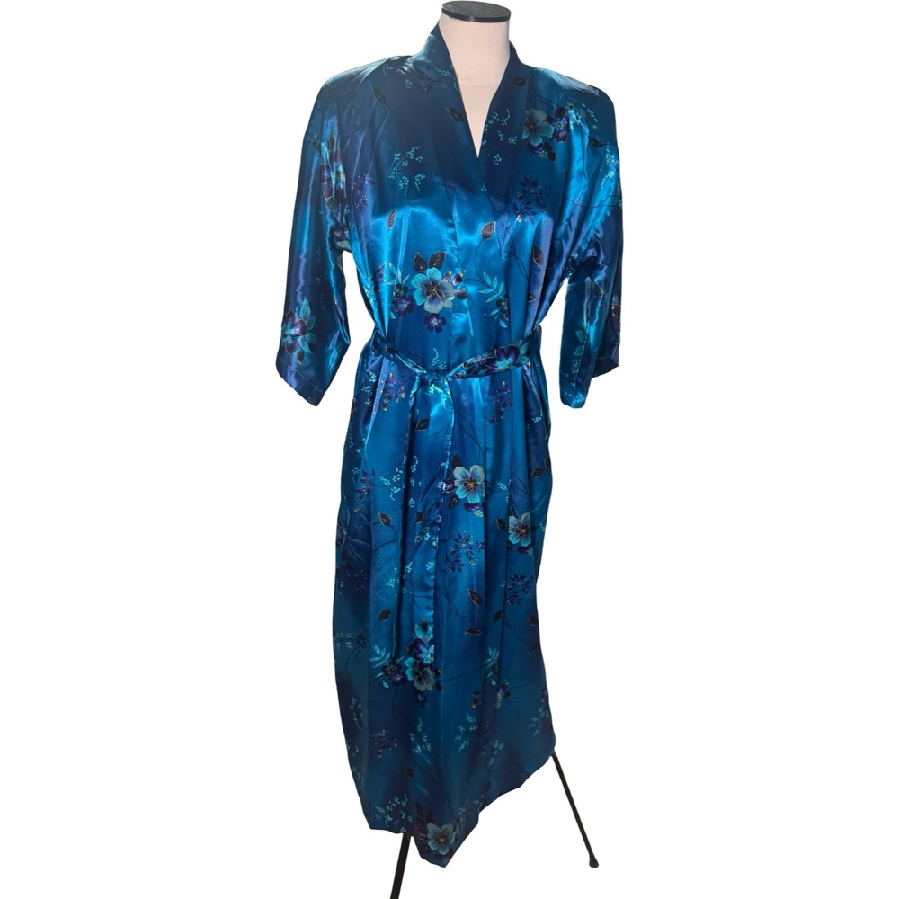Vintage California Dynasty Robe Gown Set S Teal Floral Satin Lingerie USA